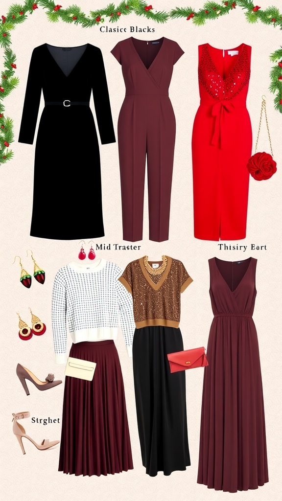 A collection of stylish outfits for a Christmas party, including dresses and jumpsuits, displayed with festive accessories.